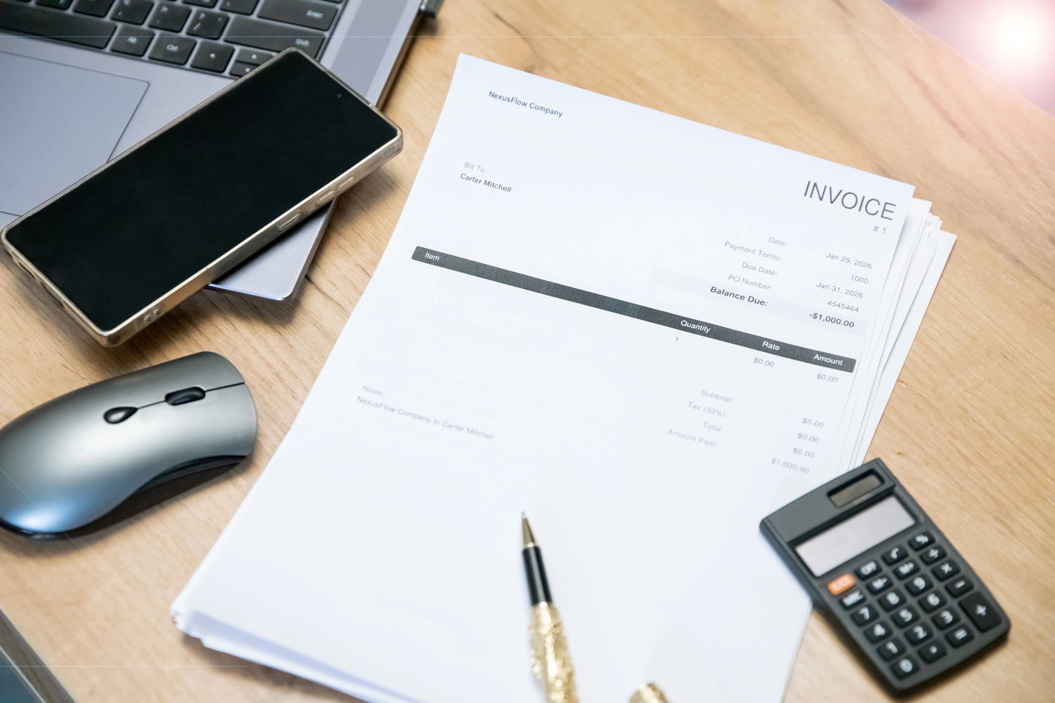 Invoice and calculator on a desk, representing accurate billing and payment processing.