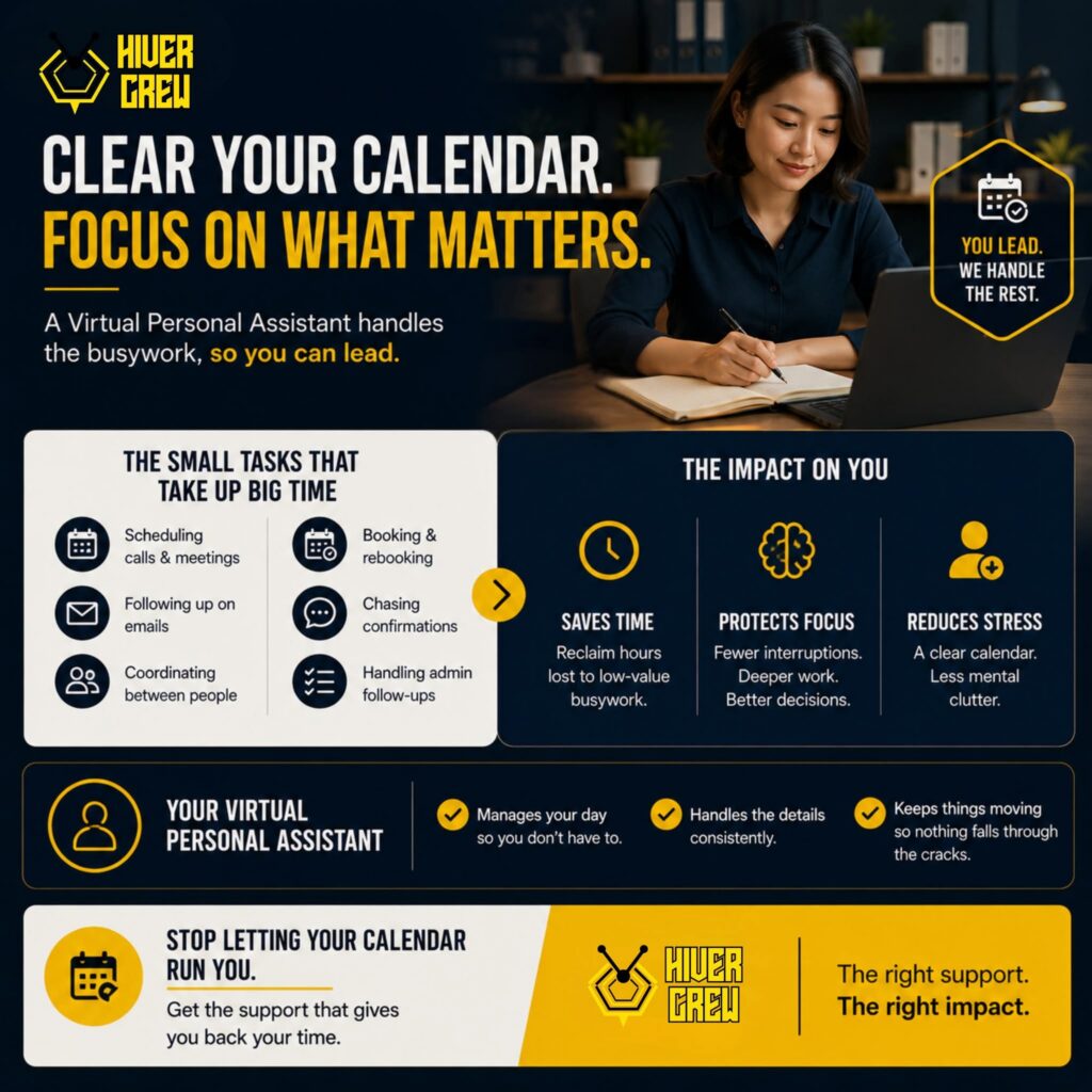 Hiver Crew infographic: a virtual personal assistant handles the busywork so you can lead